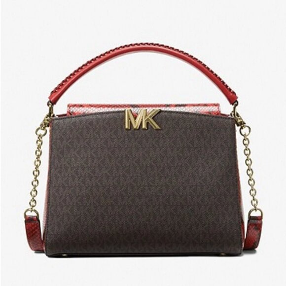 Michael Kors Karlie Medium Logo and Embossed Leather Satchel In Crimson + Wallet - Picture 3 of 13